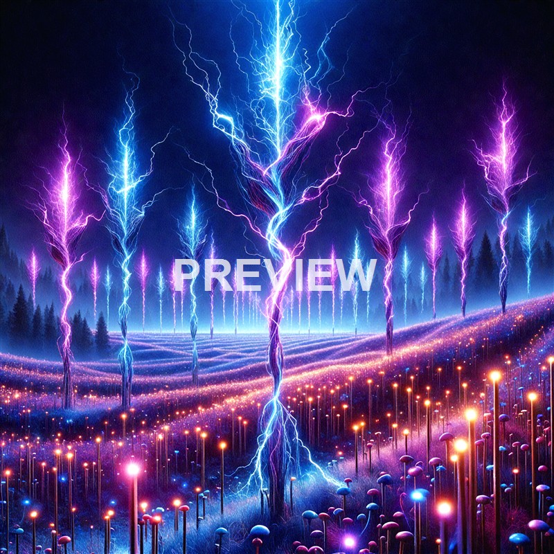 A surreal scene of a forest illuminated by vibrant, colorful lightning strikes with glowing mushrooms scattered across the ground.